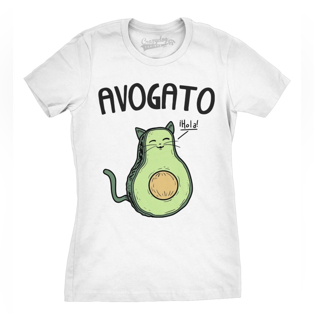 NEW Avogato Cat Avocado Short Sleeve Teen Graphic Tee T-Shirt White & Green XXL